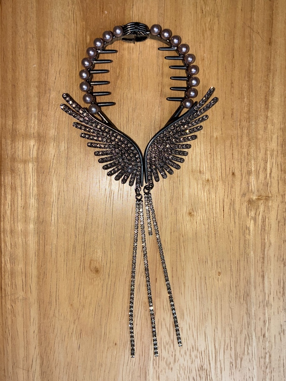 Dark Romantic Pearl & Pave Angel Wing Hair Claw Holder with Dangling Tassels - Picture 3 of 5